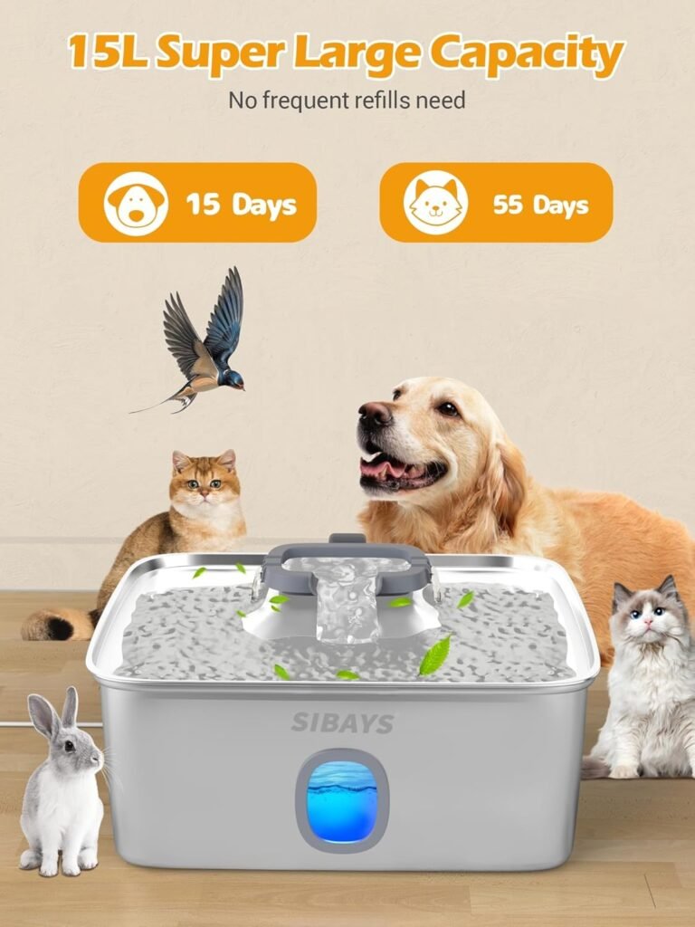 SIBAYS 4Gal/15L Large Dog Water Fountain, Stainless Steel Pet Fountain with Water Window  LED Light, Ultra Quiet Automatic Dog Water Bowl Dispenser for Large Dogs  Multi-pet, Easy to Clean(FS76)