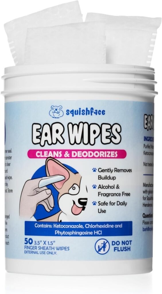 Squishface Dog Ear Relief Individual Finger Sheath Wipes – Non-Allergenic Ingredients  Irritation-Reducing Formula Cleans  Deodorizes, Helps Prevent Ear Itch  Odor – for All Breeds! (50 Count)