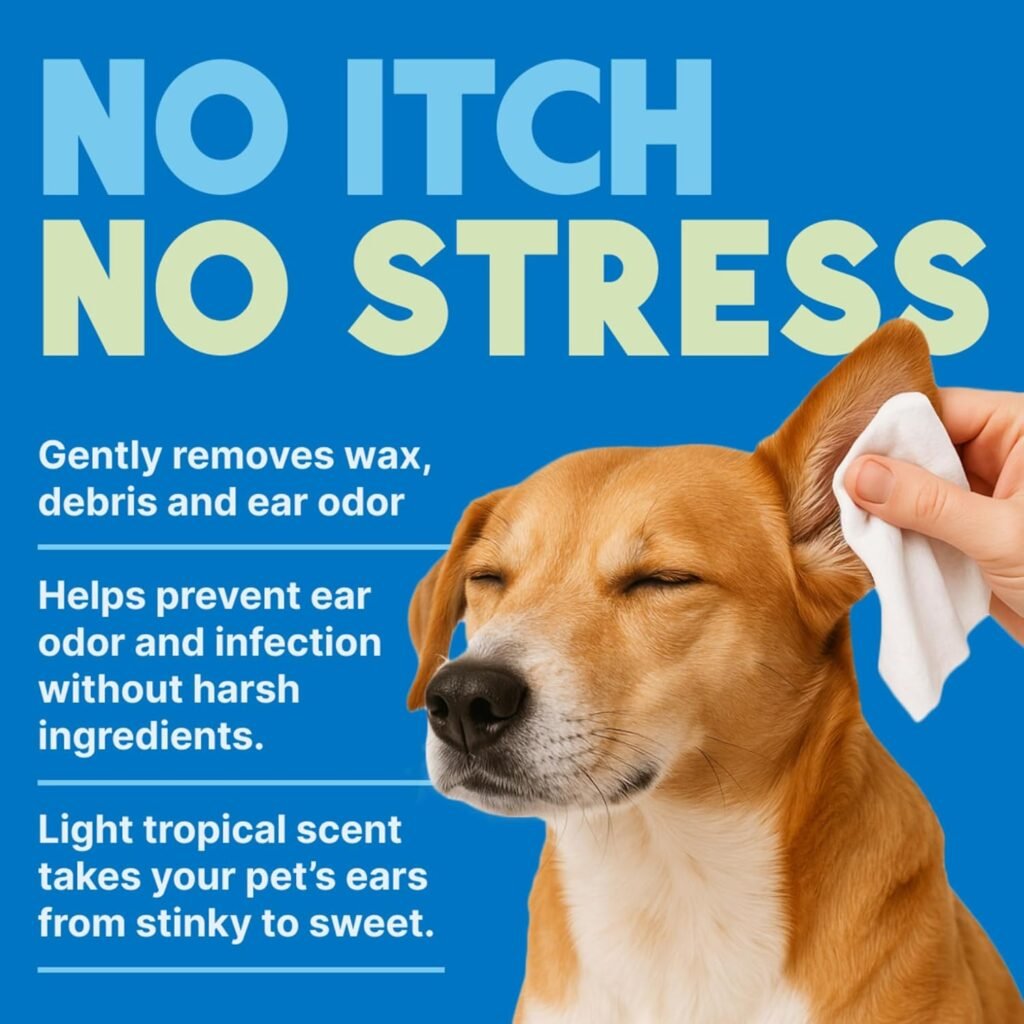 TropiClean Dog Ear Wipes, Dog Ear Cleaner, Soothing Itch Relief, Gently Removes Wax and Debris, Odor Eliminating, Safe for Daily Use, Cat Safe, 50ct.