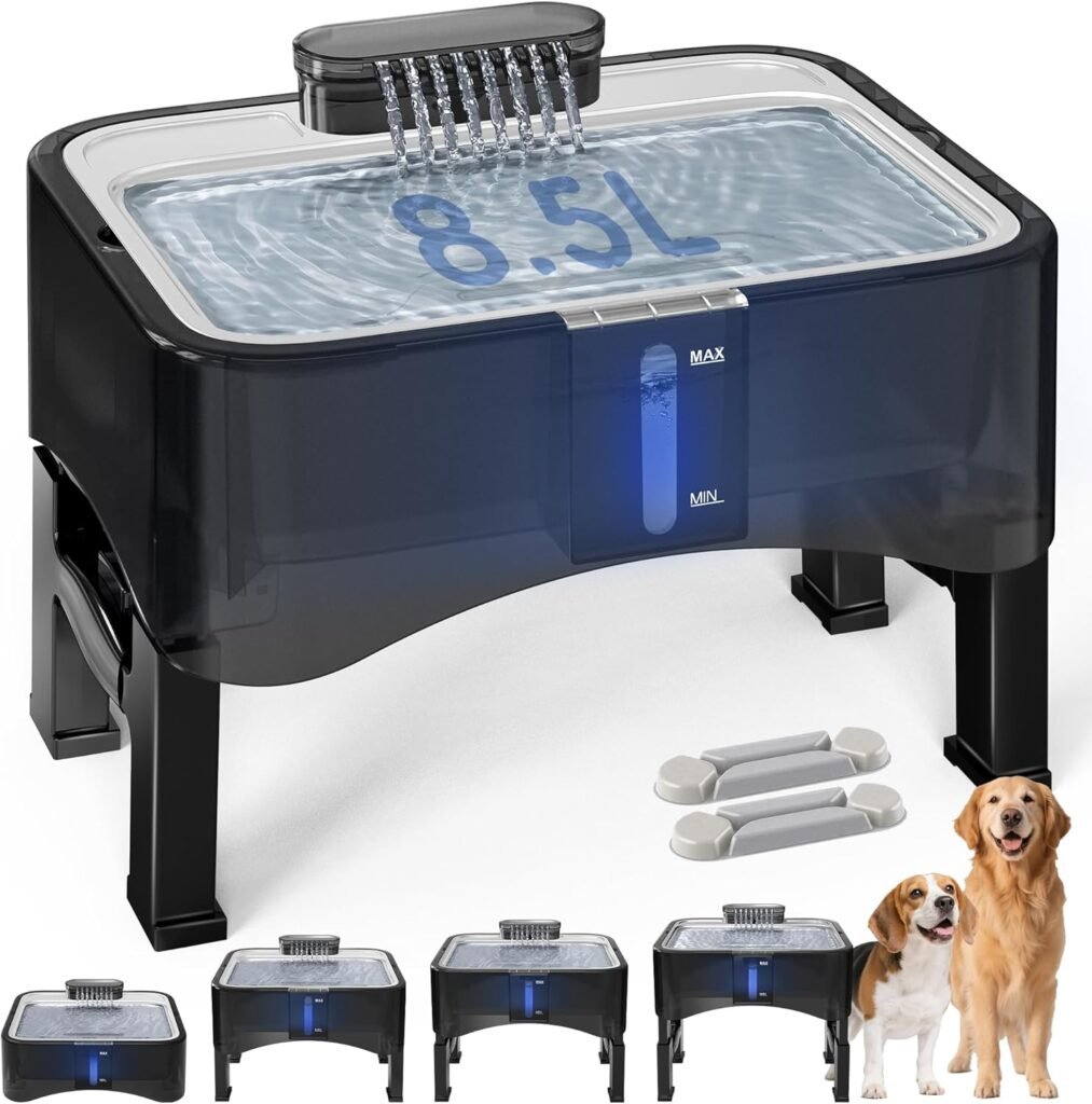 UPSKY 2.25Gal Elevated Dog Water Fountain, 4 Heights Adjustable Pet Fountain for All Dog Sizes, 304 Stainless Steel Tray Indoor Cat Drinking Dispenser with Ultra-Quiet Pump  2 Replacement Filters