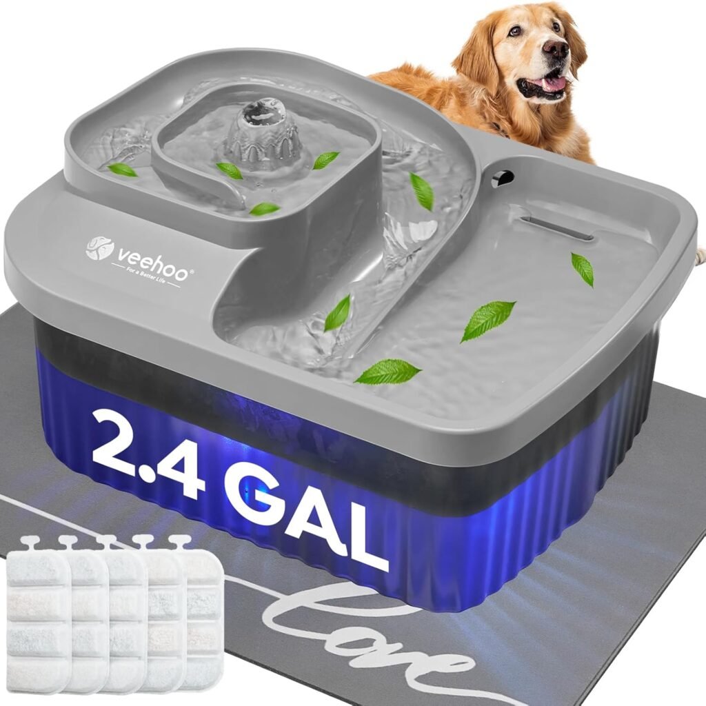 Veehoo Dog Water Fountain for Large Dogs - 2.4Gal Pet Water Fountain with Diatomaceous Earth Mat and 5 Filters, Automatic Dog Water Bowl Dispenser with Silent Pump  LED Indicator for Dogs and Cats