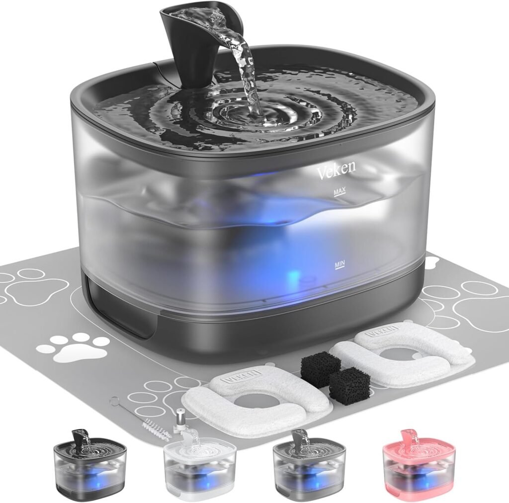 Veken Cat Water Fountain with Detachable Tank, Easy to Clean  Assemble, 84oz/2.5L Automatic Pet Drinking Dispenser with Quiet Operation  LED Light for Cats, Dogs and Small Pets, Black