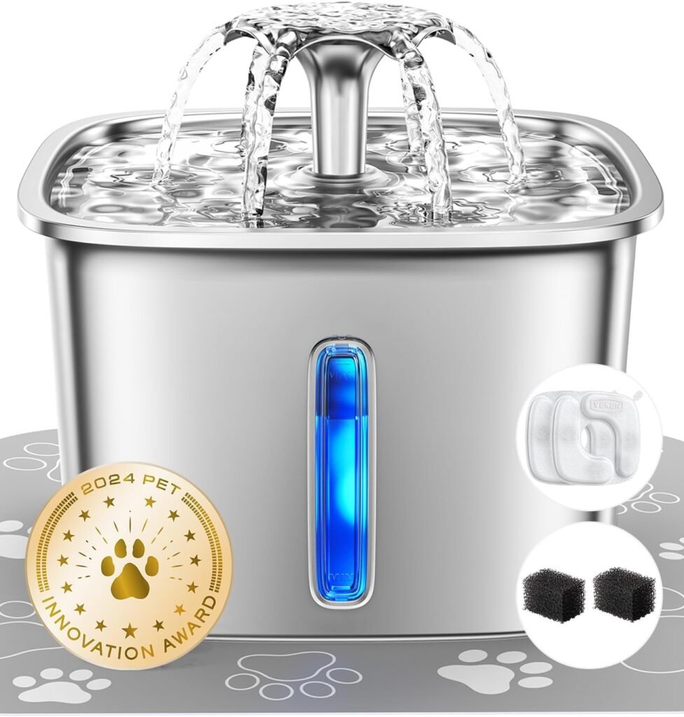 Veken Innovation Award Winner Stainless Steel Cat Water Fountain, 95oz/2.8L Automatic Pet Fountain Dog Water Dispenser with Replacement Filters  Silicone Mat for Cats, Dogs, Multiple Pets (Silver)