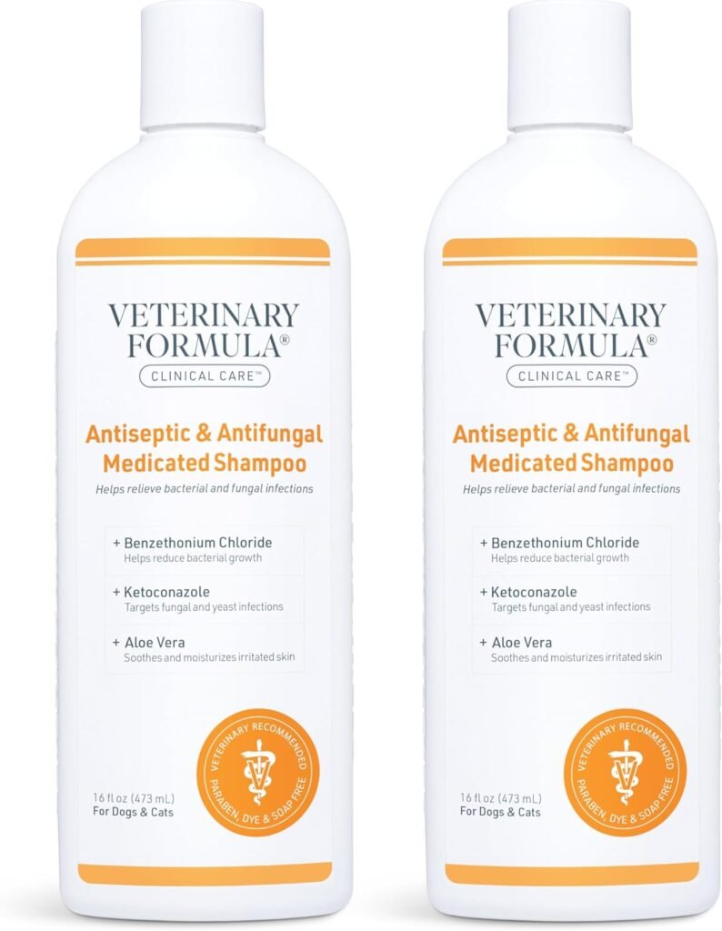 Veterinary Formula Clinical Care Antiseptic and Antifungal Medicated Shampoo for Dogs  Cats, 16 Fl Oz – Helps Alleviate Scaly, Greasy, red Skin – Paraben, Dye, Soap-Free (2 Pack)
