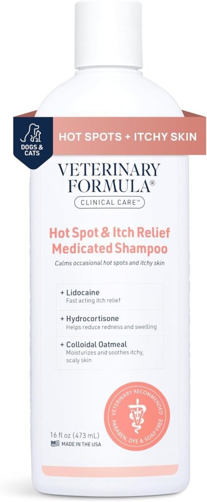 Veterinary Formula Clinical Care Hot Spot  Itch Relief Medicated Shampoo for Dogs and Cats 16oz – Helps Alleviate Sensitive Skin, Scratching, and Licking of Coat