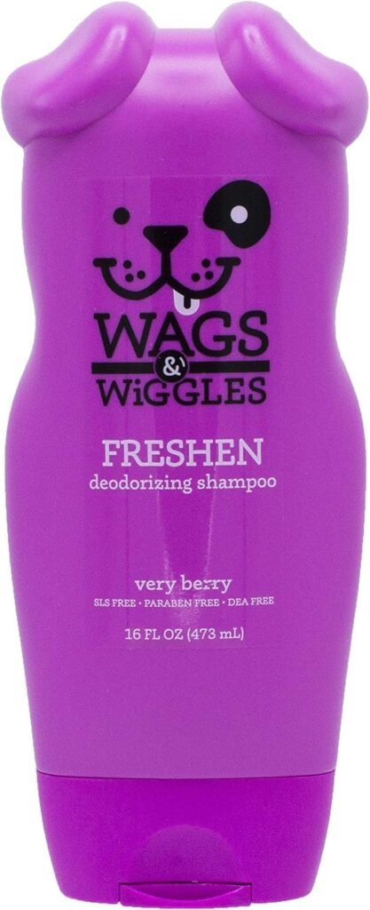 Wags  Wiggles Freshen Deodorizing Dog Shampoo in Very Berry Scent - Odor Control Dog Grooming Shampoo for Smelly Dogs, 16 Fl Oz
