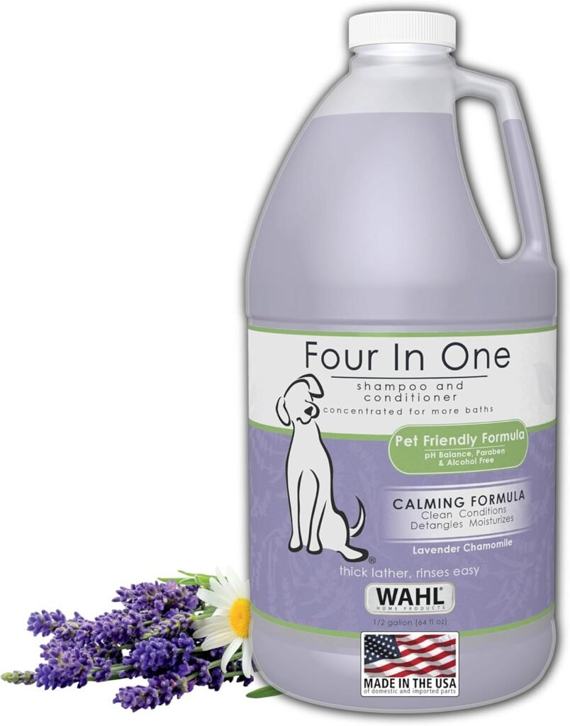 Wahl USA 4-in-1 Calming Pet Shampoo for Dogs with a Lavender Chamomile Scent – Cleans, Conditions, Detangles,  Moisturizes - Pet Friendly Formula – 64 Oz - Model 821000-050