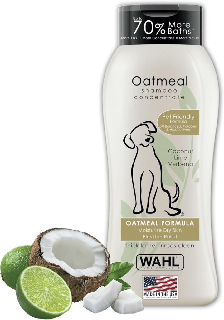 Wahl USA Dry Skin  Itch Relief Pet Shampoo for Dogs – Oatmeal Formula with Coconut Lime Verbena Scent  Pet Friendly Formula, 24 Oz - Model 820004A