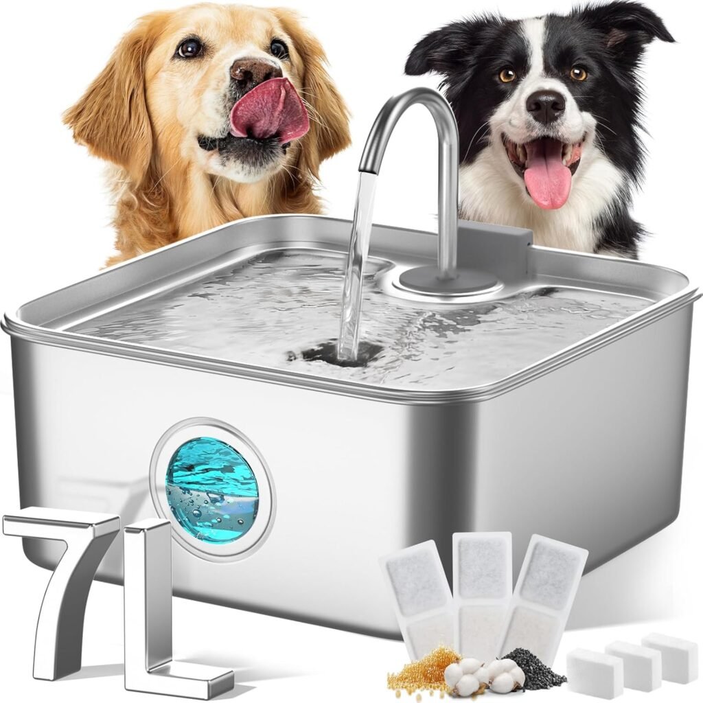 FUKUMARU Dog Water Fountain, 1.8 Gal/236oz/7L Water Tank Ultra Quiet Pump (28.5dB)  4-Stage Filter System Stainless Steel Kitty Water Fountains for Multi-Cat/Dog Homes, with 3 Filters