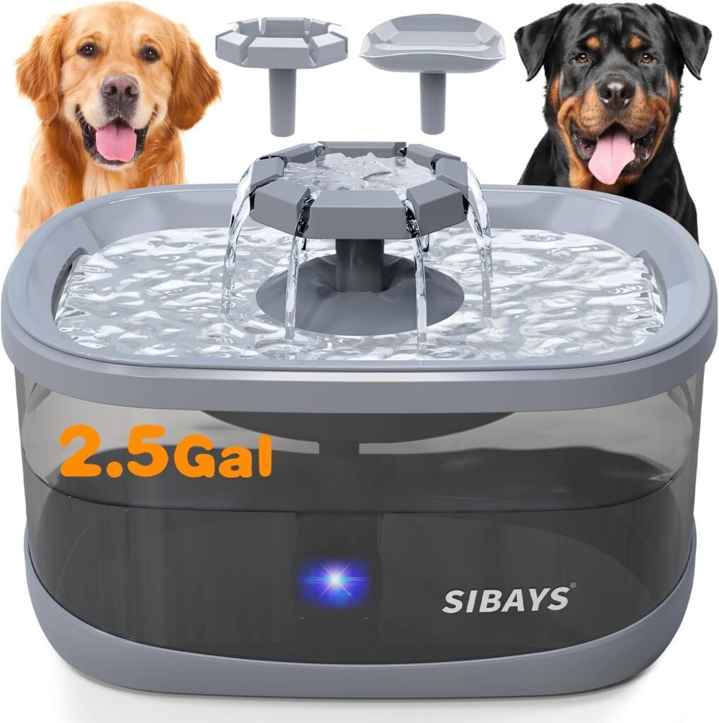 SIBAYS 2.5Gal/9.5L Dog Water Fountain for Large Dogs, 3 Flow Modes Large Pet Water Fountain for Cats, Automatic Dog Water Bowl Dispenser with 7 Filter  Smart LED Pump, Quiet, BPA-Free Material(FS68)