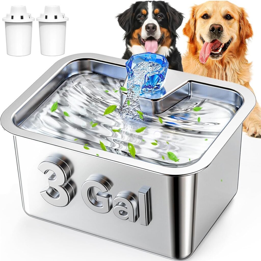 Stainless Steel Dog Water Fountain, 3 Gallon Extra Large Pet Drinking Fountain for Large Dogs  Multi-pet, Automatic Dog Water Bowl Dispenser with 2 Filters, Wide Drinking Area, Easy to Clean