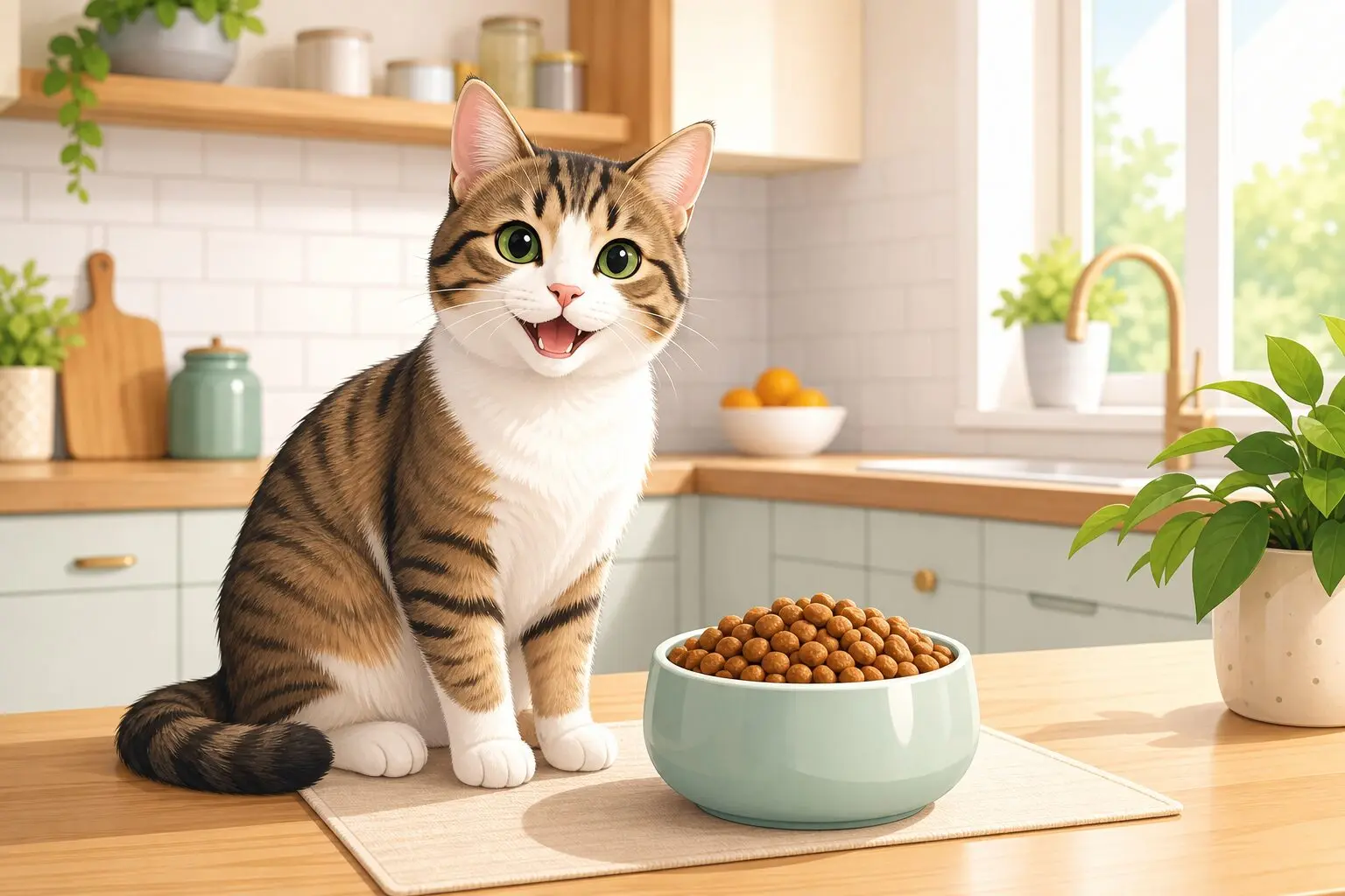 Happy cat eating from a bowl of cat food in a bright clean kitchen, illustrating best cat food choices