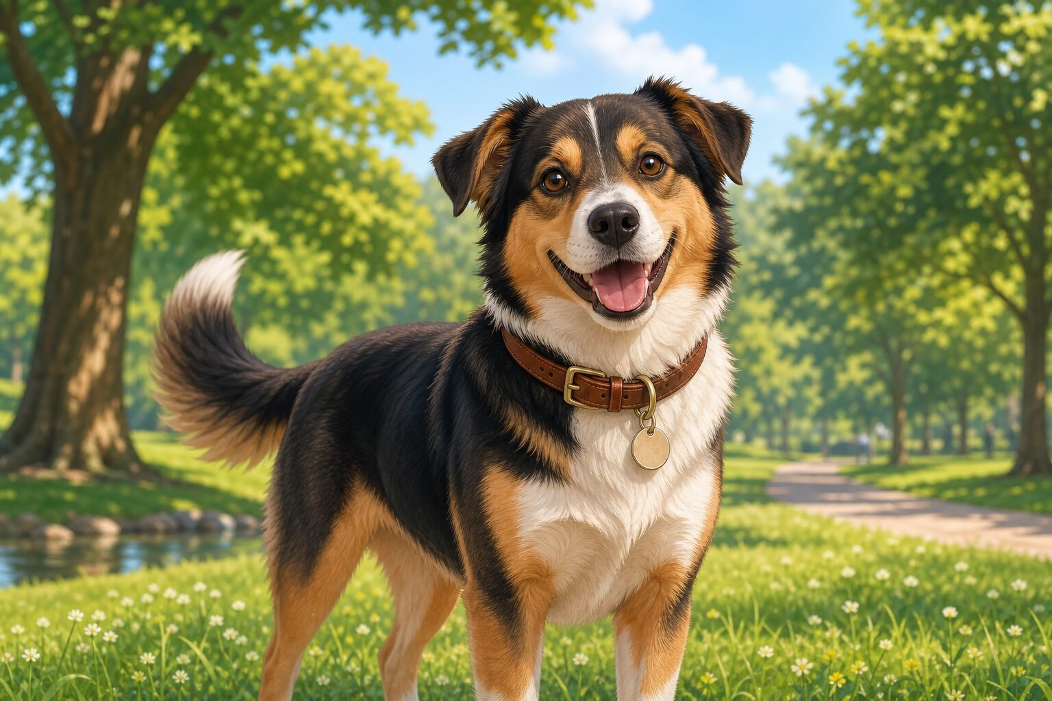 Best Dog Collars 2026 - Dog Wearing Leather Collar Happy medium-sized dog wearing a brown leather collar with ID tag in a sunny park