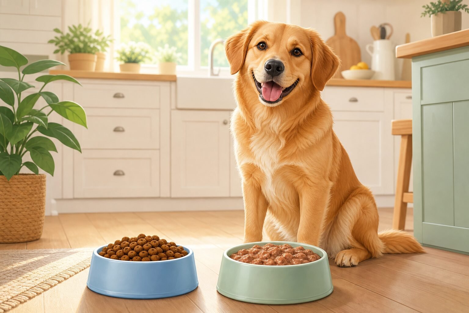 Happy dog sitting beside bowls of dry kibble and wet dog food for nutrition comparison