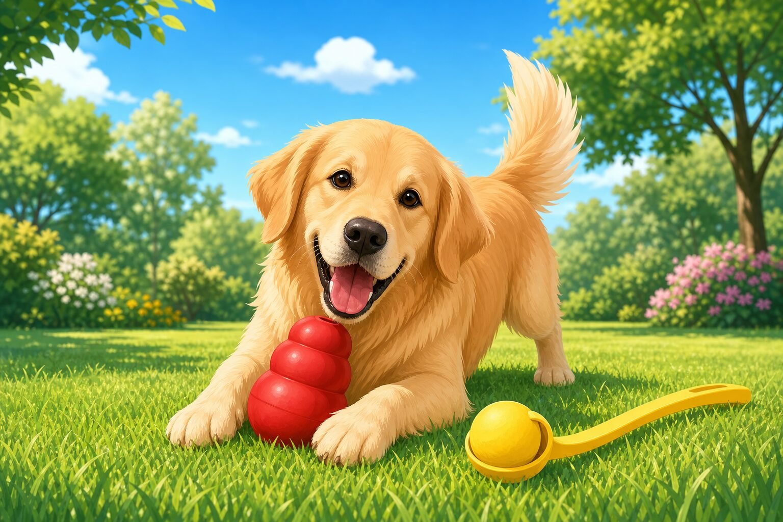 Happy dog playing with a red toy and fetch ball on a sunny lawn, showing fun dog toys