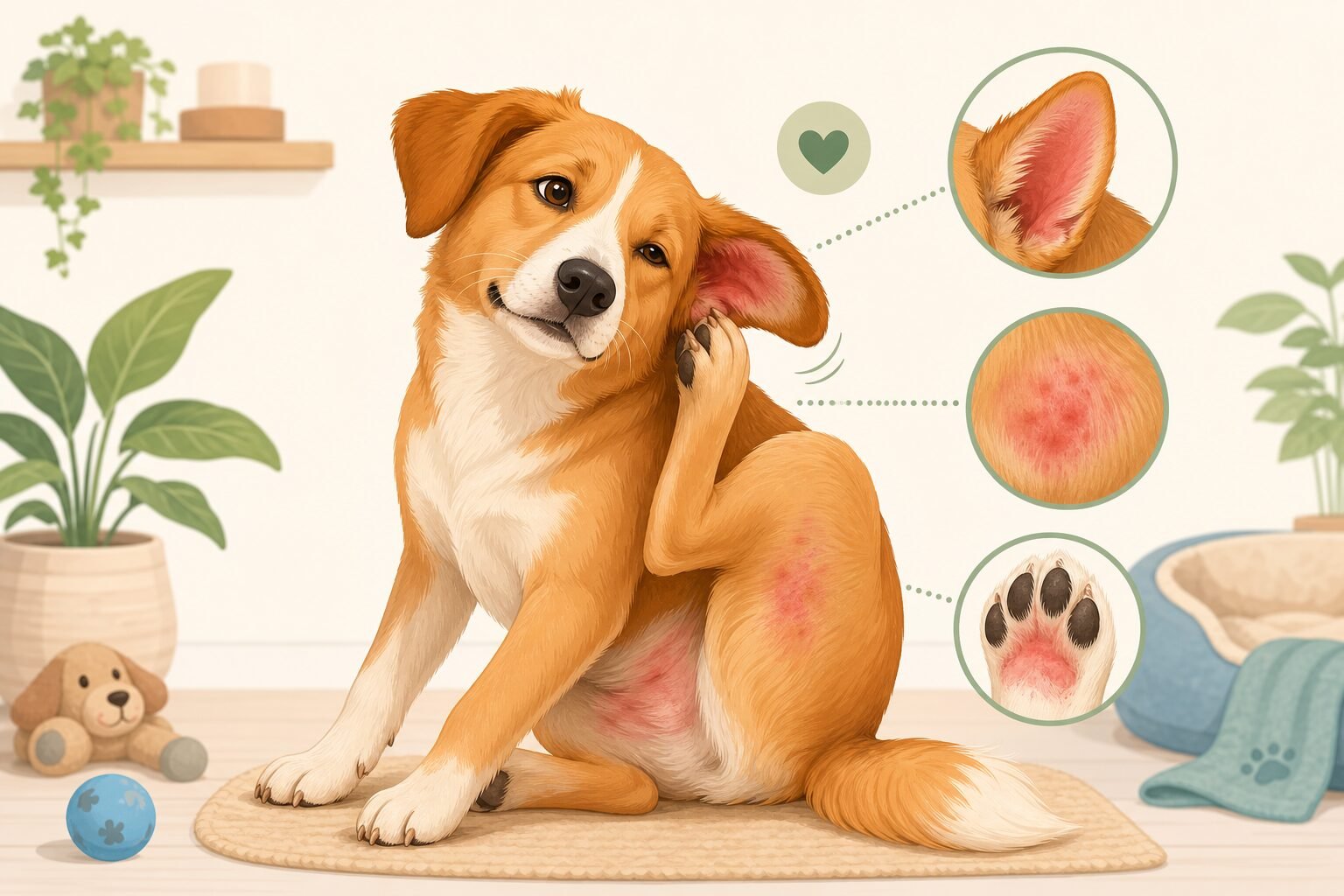 Dog Allergy Symptoms - Dog Scratching Dog scratching behind ear with hind leg, showing common dog allergy symptoms