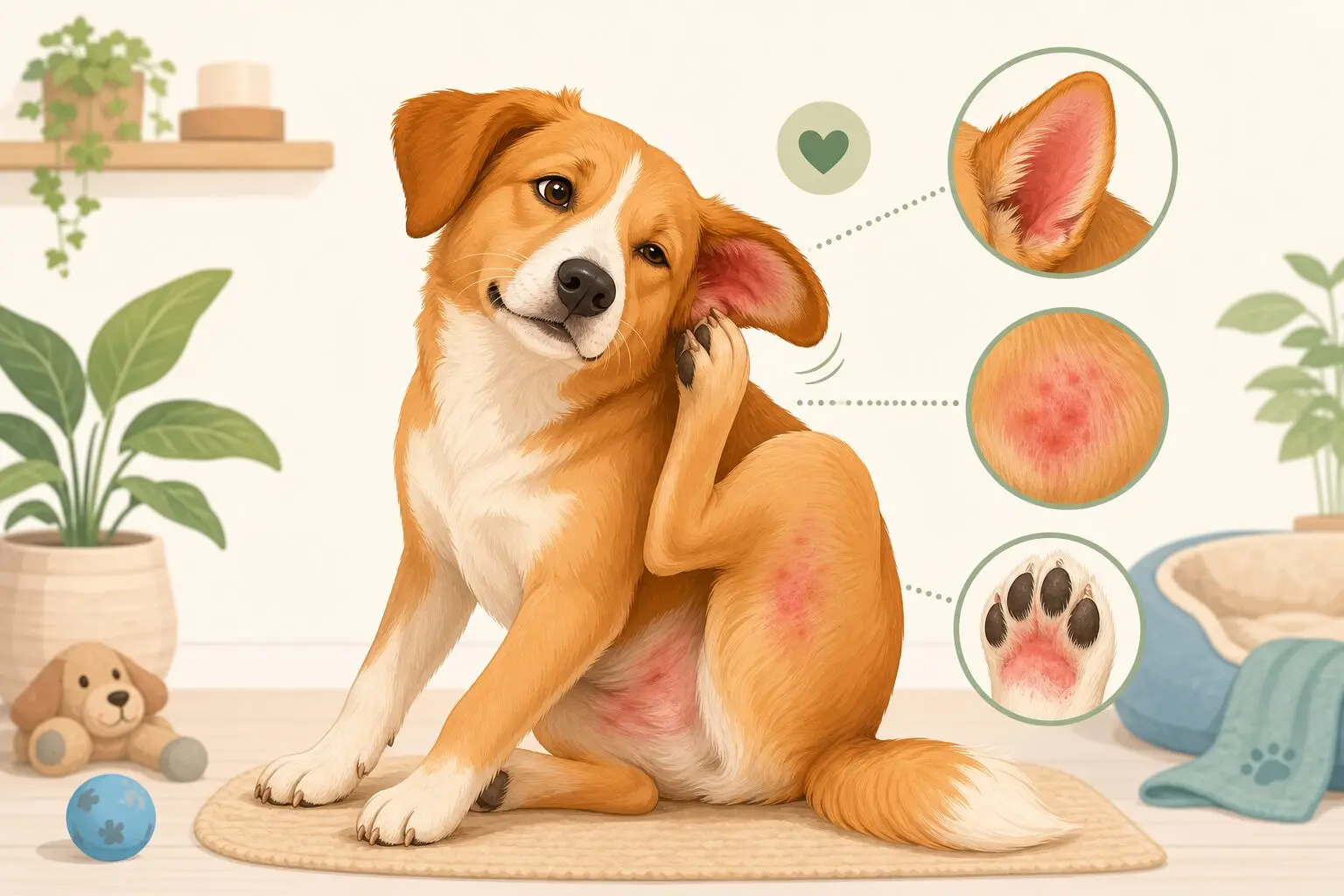 Dog scratching behind ear with hind leg, showing common dog allergy symptoms